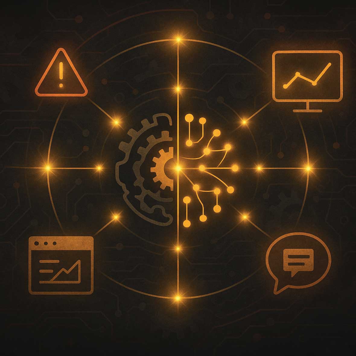 A nervous system made of data pipelines, glowing with yellow light.