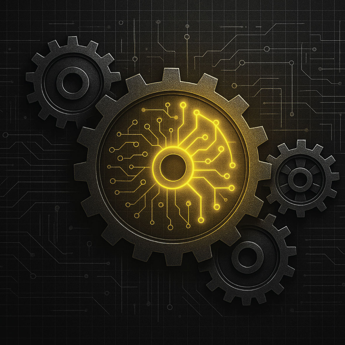 Blueprint-style visualization of interconnected gears and neural circuits forming a yellow glowing flywheel, representing a RevOps retention system.