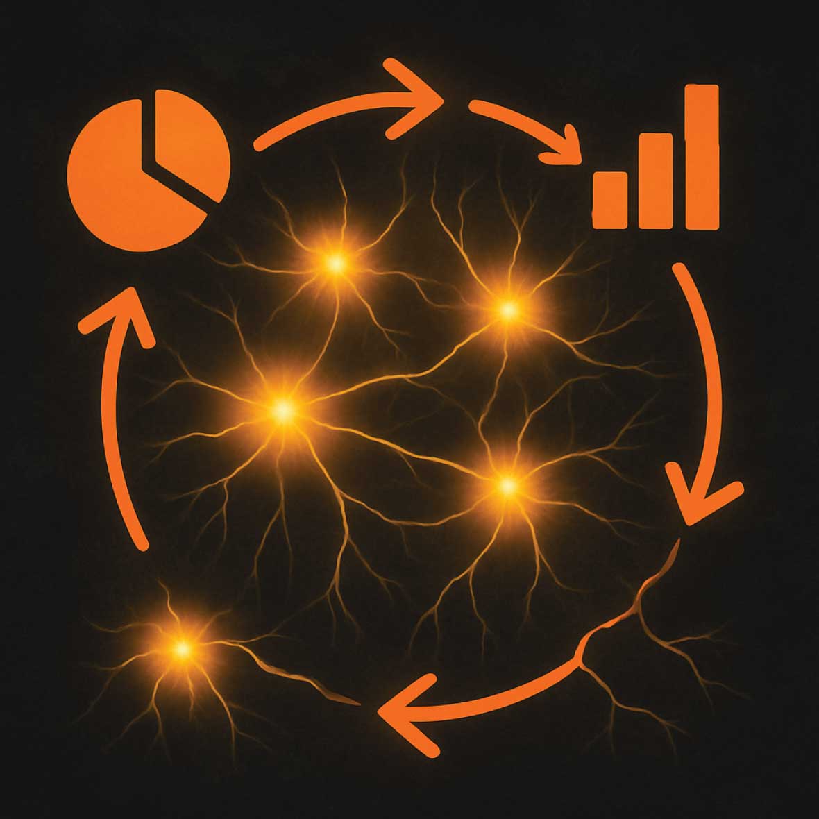A circular flow diagram or glowing loop-shaped neural circuit, with four quadrants representing the feedback cycle: