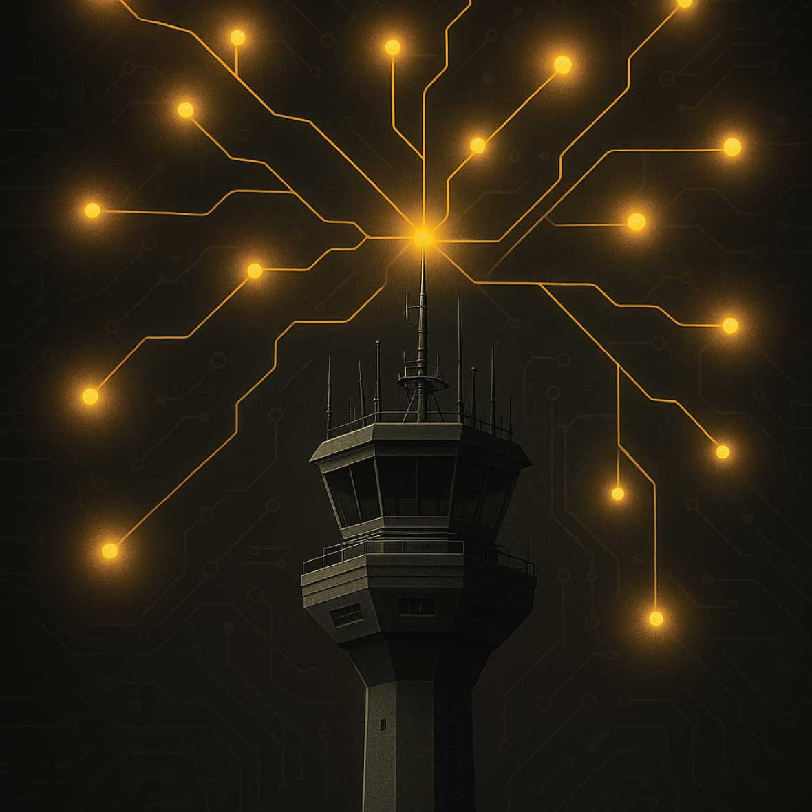 An airplane control tower emits a neural network
