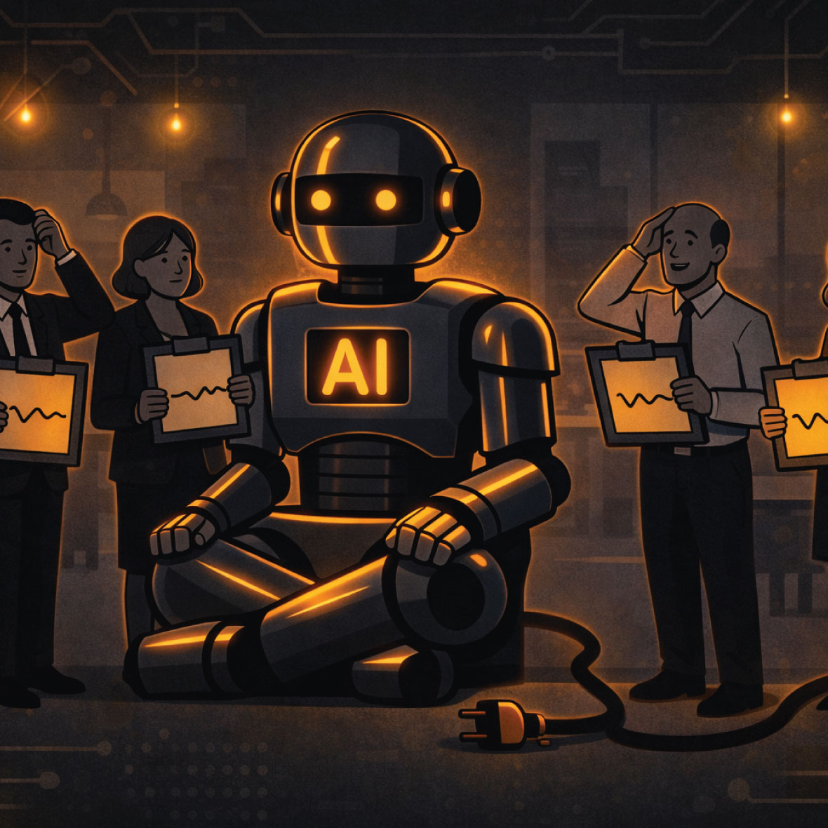 Clean B2B editorial illustration in the MindMechanics Style. A large, gleaming AI/robot machine sits idle and unplugged in a modern open-plan office. Around it, suited professionals look confused, holding clipboards with flat-line graphs.
