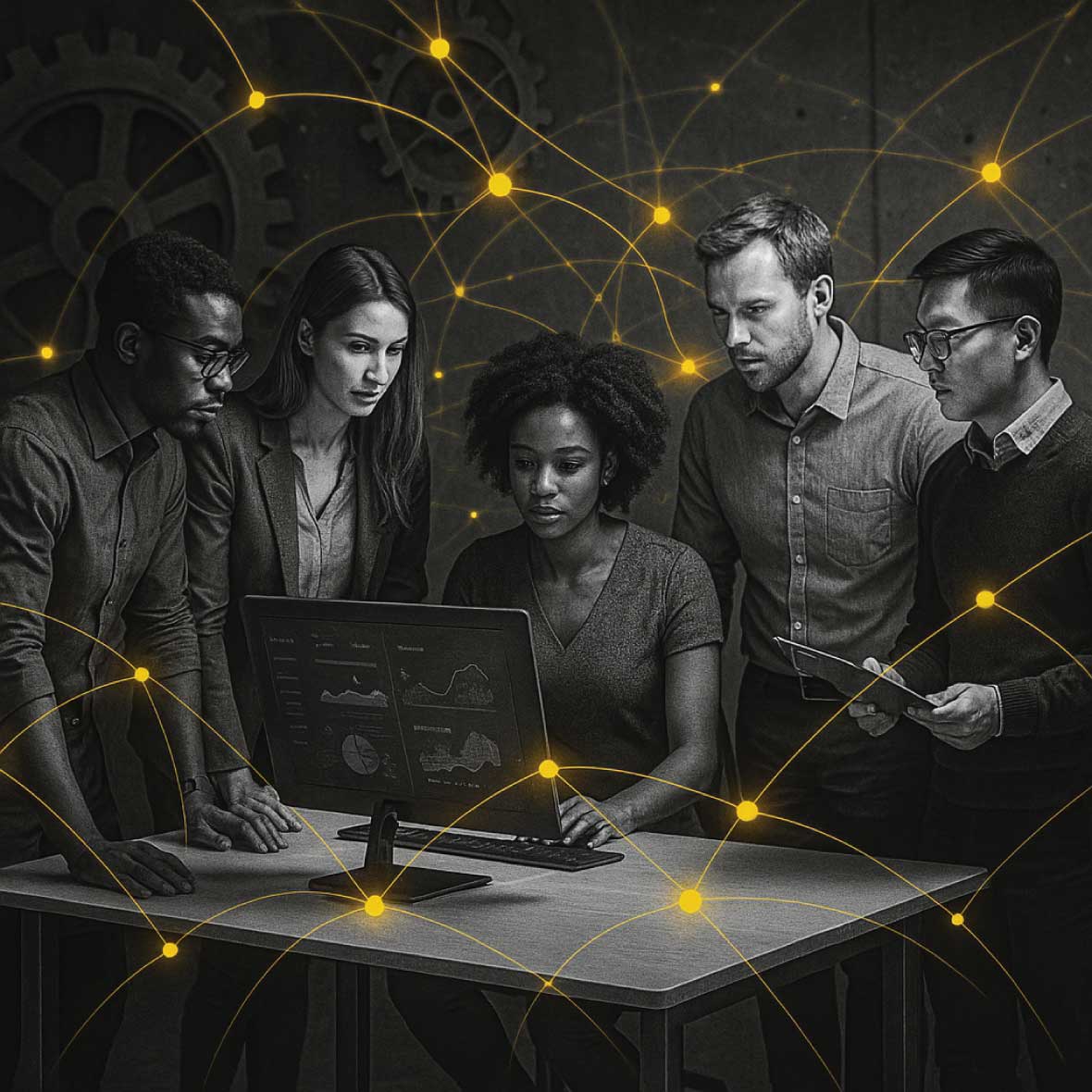 marketing team collaborating around a computer